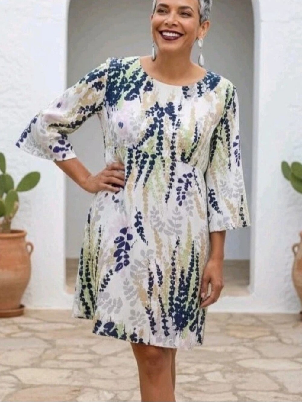BODEN Multi Pastel Botanical 100% Linen ¾ Sleeve Split Neck Sheath Dress Size 6L